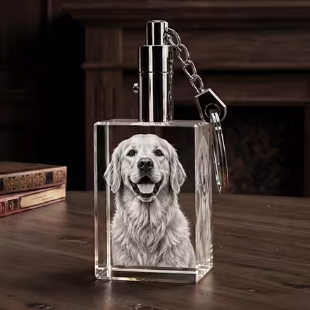 Rektangulär 2D-kristallnyckelring graverad med ett porträtt av en Golden Retriever, med en polerad nyckelring i metall på en träbordsskiva.